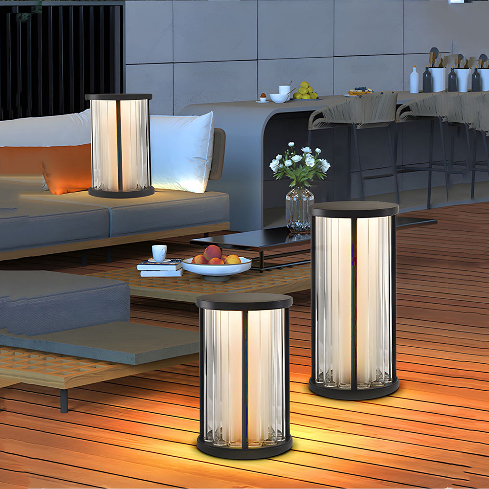 Cylinder Outdoor Lantern — Stainless Steel & Acrylic Crystal, 4W LED, 3000K, IP65, Solar / Hardwired, Pendant or Lawn Stake