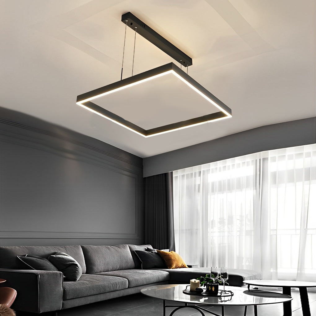 Modern Square LED Chandelier — Black Aluminum, 3-Layer Stepless Dimming, Remote Control