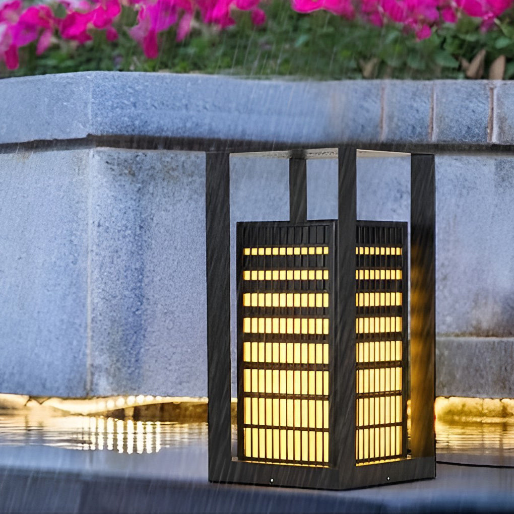 Cuboid Industrial LED Outdoor Pathway Lantern — Black, Galvanized Steel and Faux Marble, IP55 Weatherproof