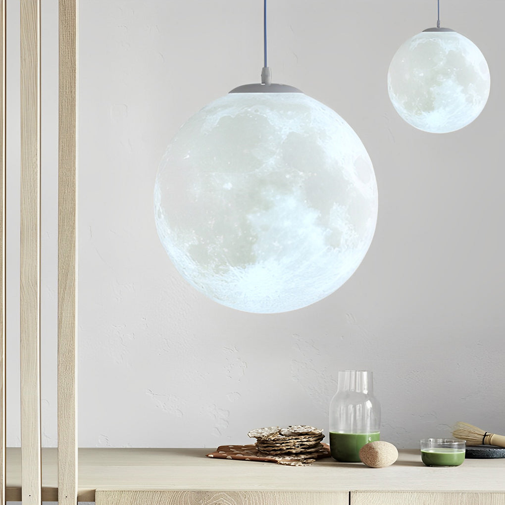 3D Moon Sphere Pendant — Iron, Lunar-Texture Lampshade, Adjustable Hanging Wire, 7.9"–15.7"