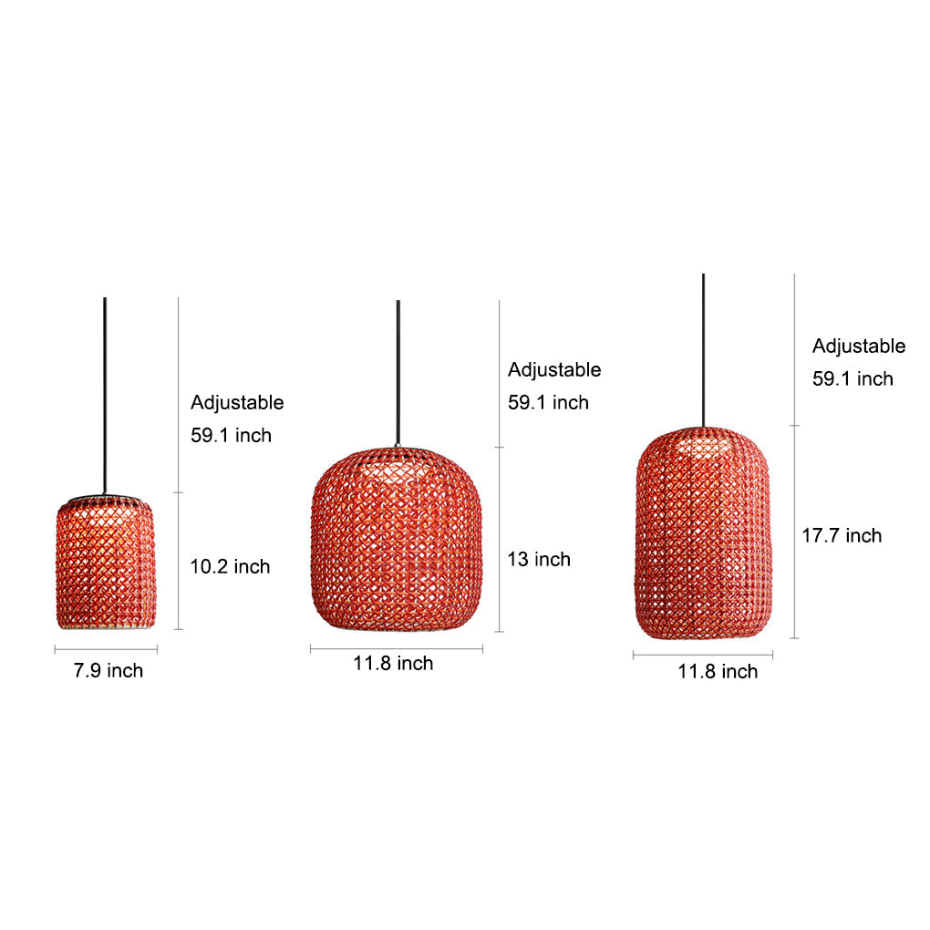 Rattan Lantern Outdoor Hanging Chandelier — Iron, Red, LED 10W 3000K, IP55 Waterproof, Hardwired