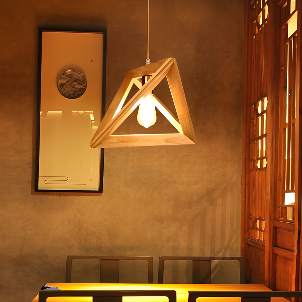 Geometric Wood Frame Pendant Light — Rustic Modern, E27, Adjustable 59" Cord