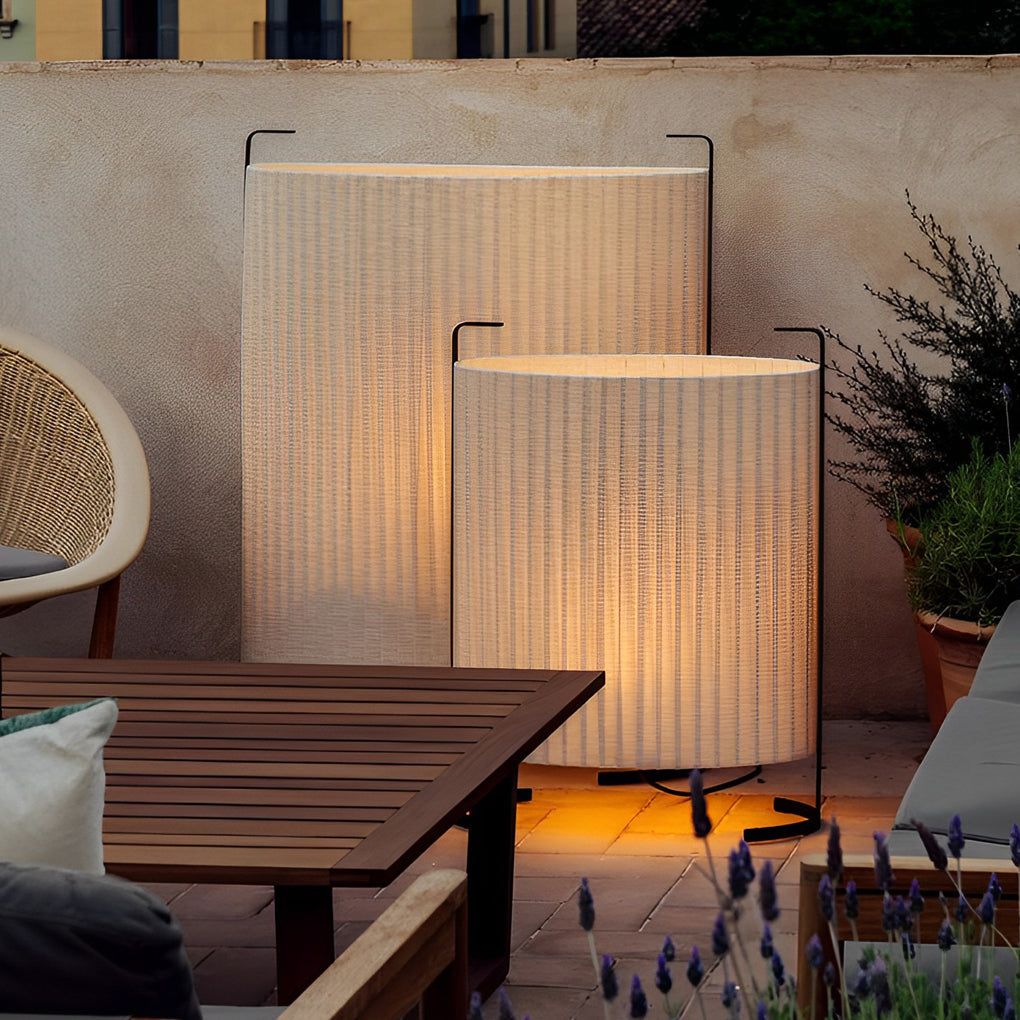 42" Contemporary Fabric Drum Outdoor Floor Lamp — Aluminum, Japandi, LED 12W, IP54, 3000K Warm White