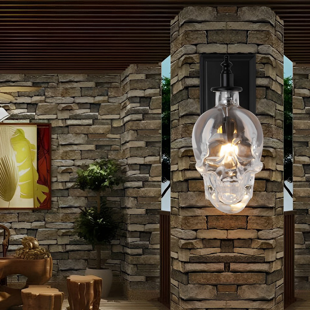 Industrial Skull Wall Sconce — Black Iron and Glass, E14, Warm White 2700–3200K