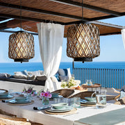 Rustic Modern Outdoor Hanging Chandelier — Iron and Rattan, E27, 10.2" Diameter, Waterproof