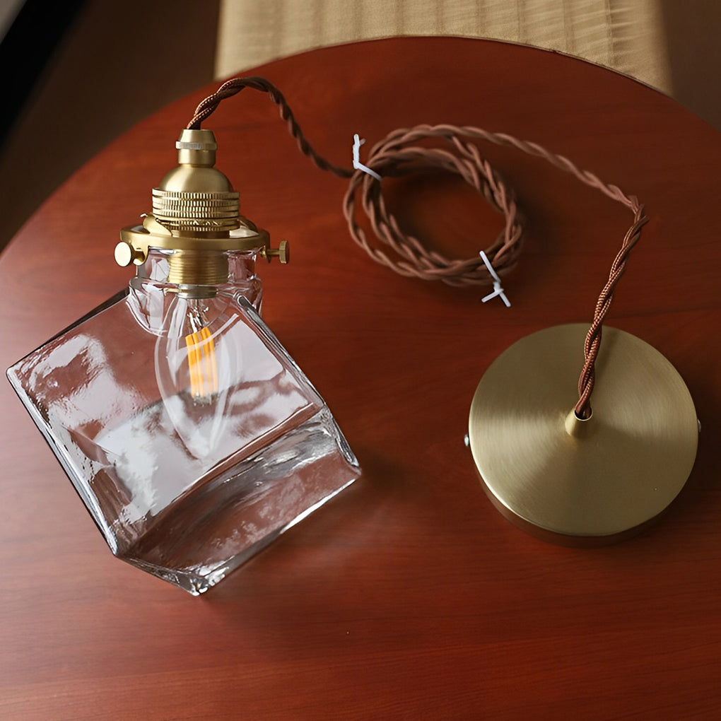 Square Transparent Glass Mini Pendant — Brass and Iron, E14, 4"W × 8"H, 59" Adjustable Wire