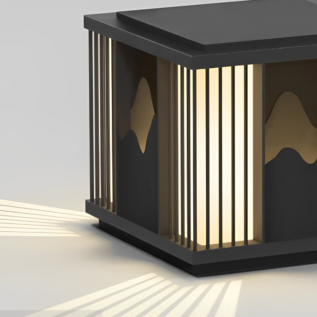 Modern Black Solar / Hardwired Post Cap Light — Stainless Steel, LED Mountain Scenery, IP65, 3000K Warm White