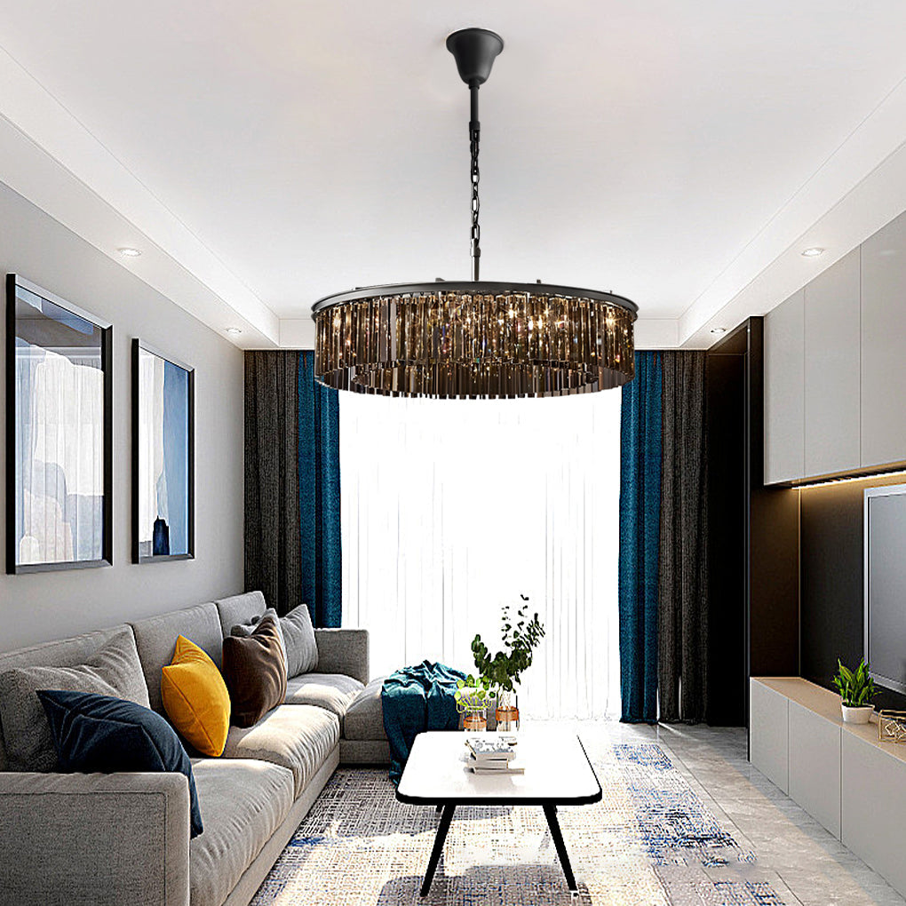Round Crystal Strip Chandelier — K9 Crystal and Metal, Mid-Century Modern, 3000K Warm White, 21.7" or 33.5"