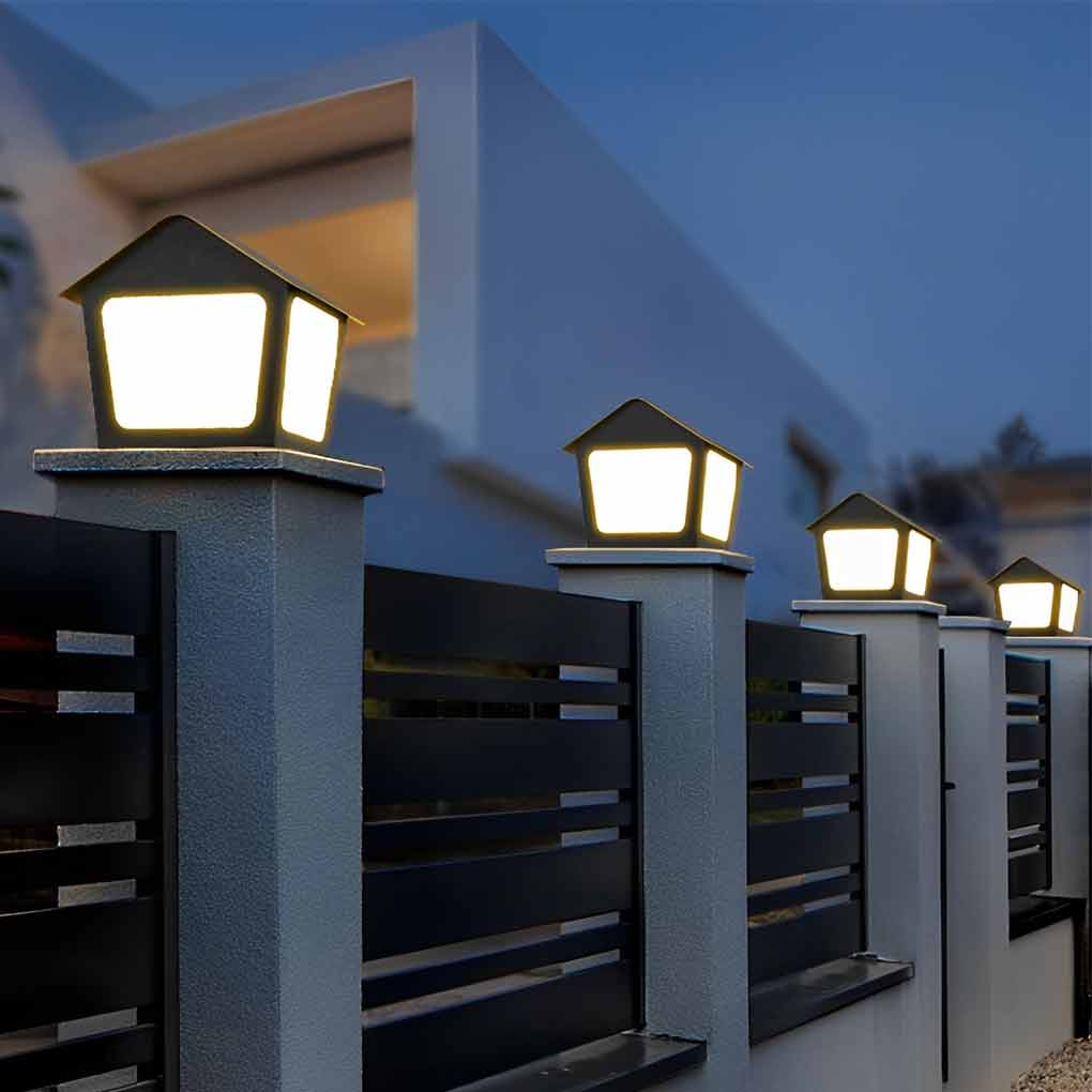 Cottage-Shaped Outdoor Pillar Light — Stainless Steel & Acrylic, Solar / Hardwired, LED, IP54, Warm White 3000K