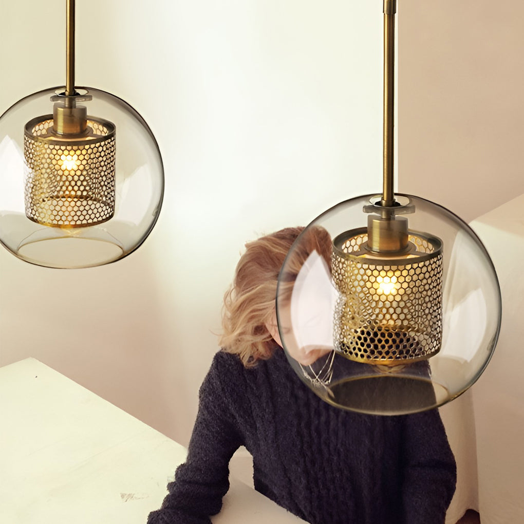 Industrial Minimalist Round Glass Pendant Light — Clear Glass, LED, Kitchen Island