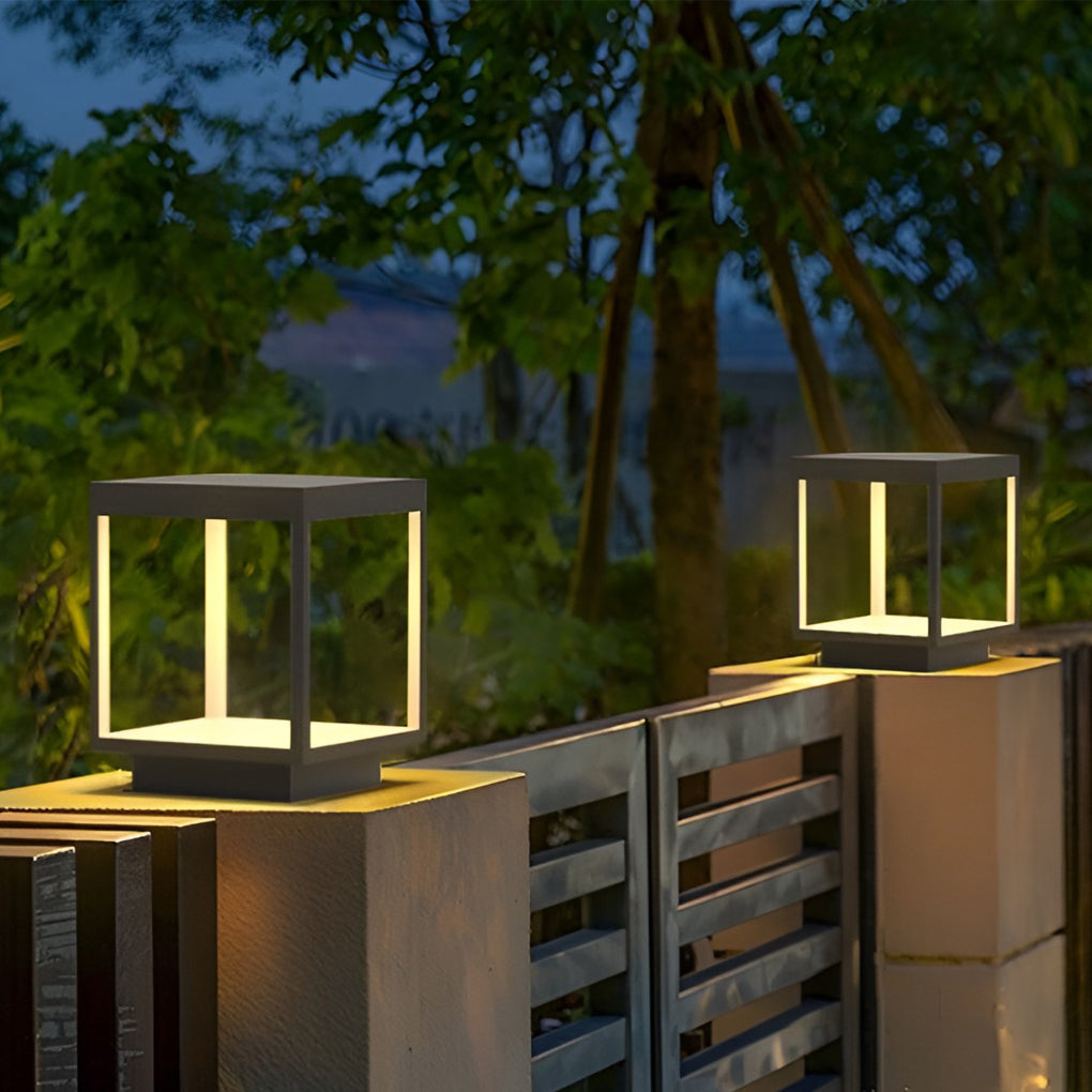 Contemporary Square Open-Frame Solar Pier-Mount Post Light — Stainless Steel & Acrylic, LED, IP54, Warm White 3000K