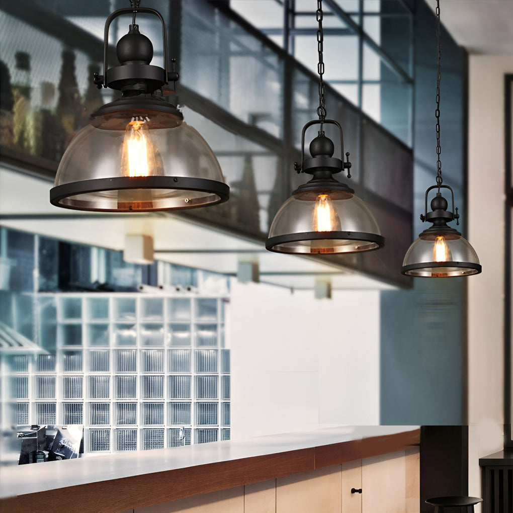 Retro Industrial Bowl Pendant Light — Iron and Antique Glass, E27, Hardwired, 12.2" Diameter