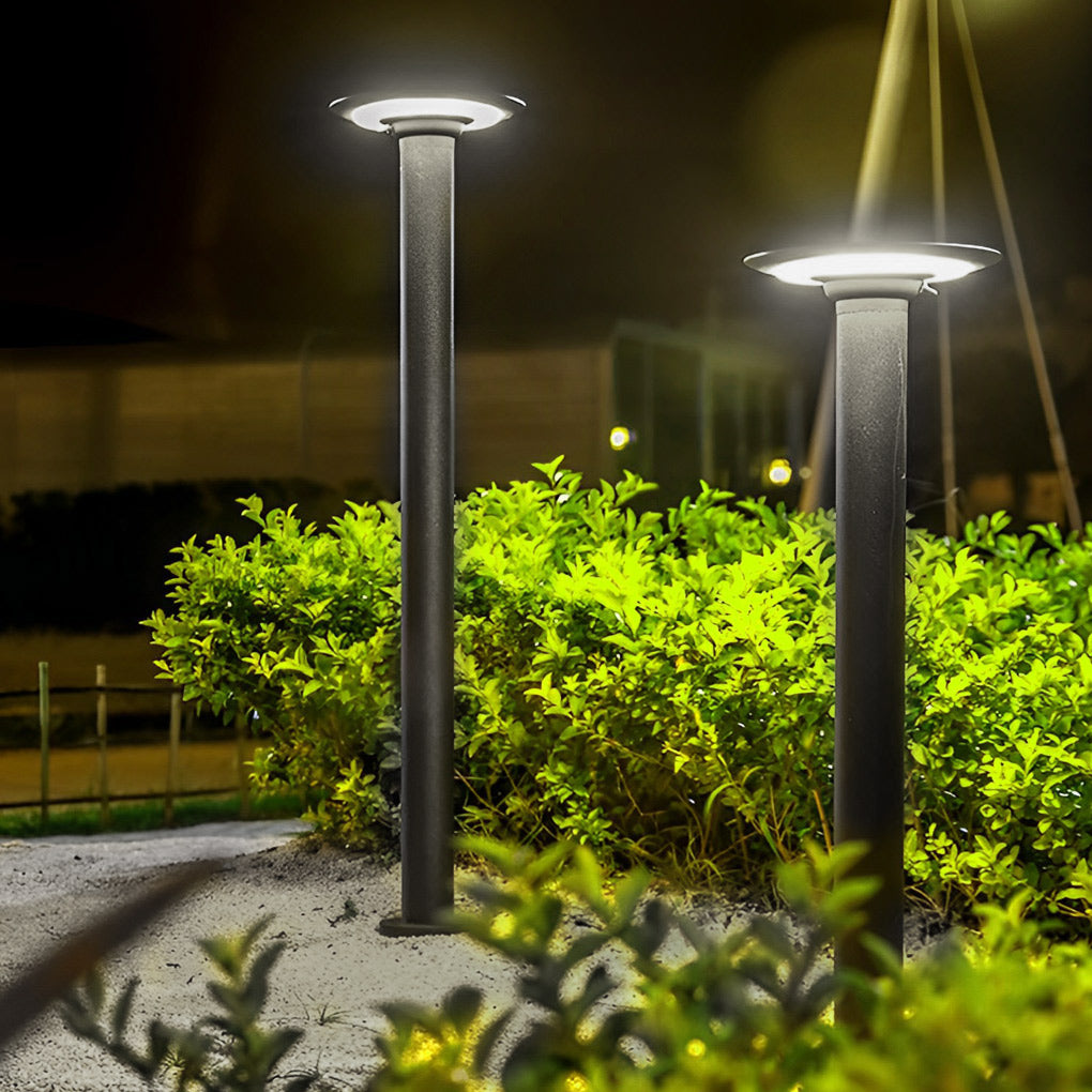 Round Solar Bollard Light — Die-Cast Aluminum, Black, Dusk-to-Dawn, Waterproof, 24"/31"/39"