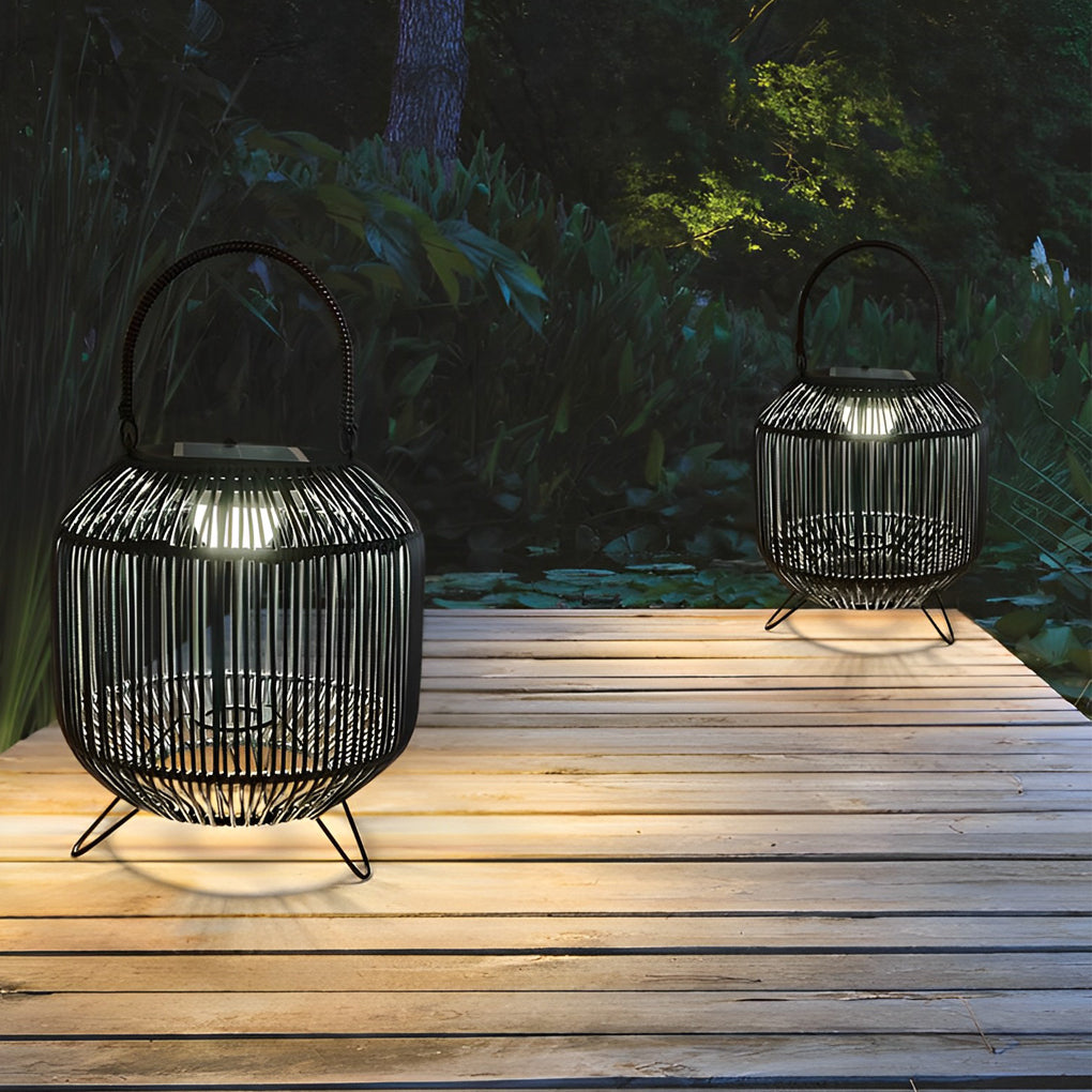 Retro Rattan Portable Outdoor Lantern — Iron and Wicker, Solar-Powered, IP65 Weatherproof, 10" × 16"
