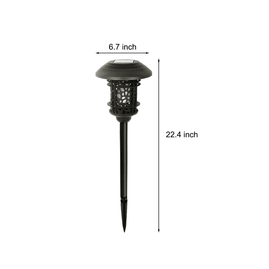 Round Hollow Solar Path Light — Die-Cast Aluminum, Black, Flickering LED Flame Effect, 3000K Warm White, IP-Rated Weatherproof