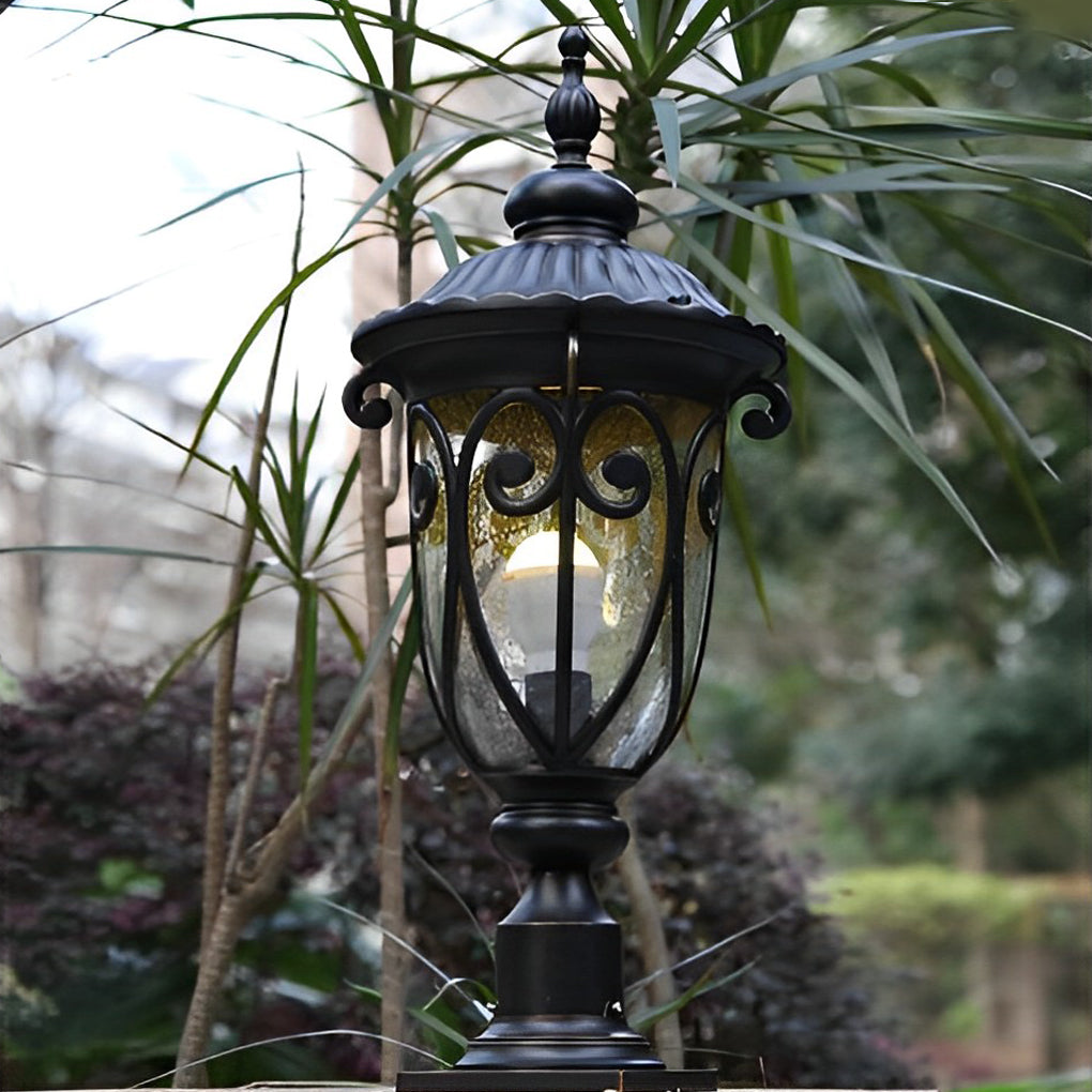 Black Outdoor Pillar Light — Bubble Glass Lantern, Die-Cast Aluminum, 7W LED, IP54, 3000K Warm White