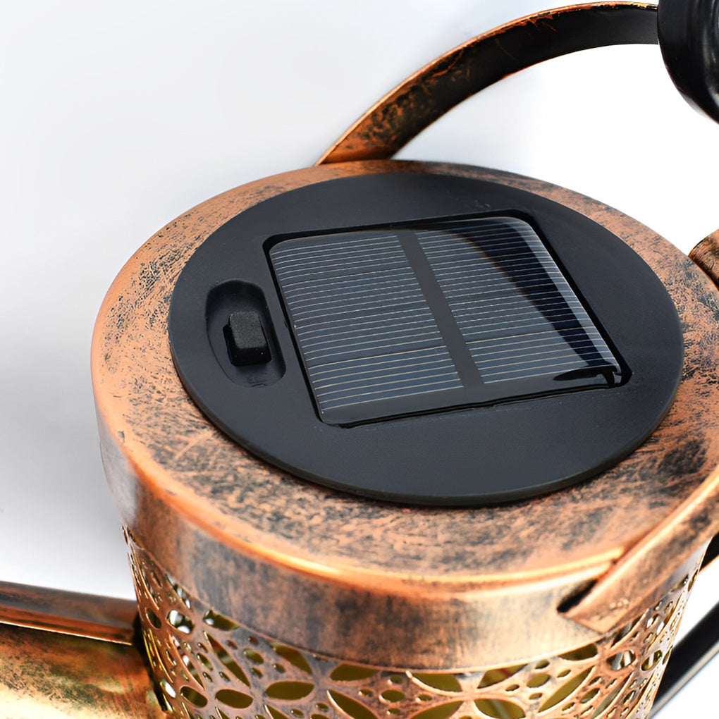 Iron Kettle Shower Solar Garden Light — Iron, LED, IP55 Weatherproof, Dusk-to-Dawn