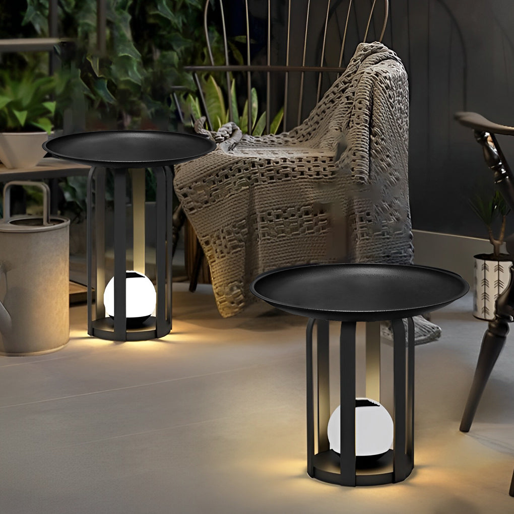 Modern Outdoor Solar Floor Lamp & Table Set — Black Iron, Globe Glass, LED, IP65, RGB + 3000K Warm White