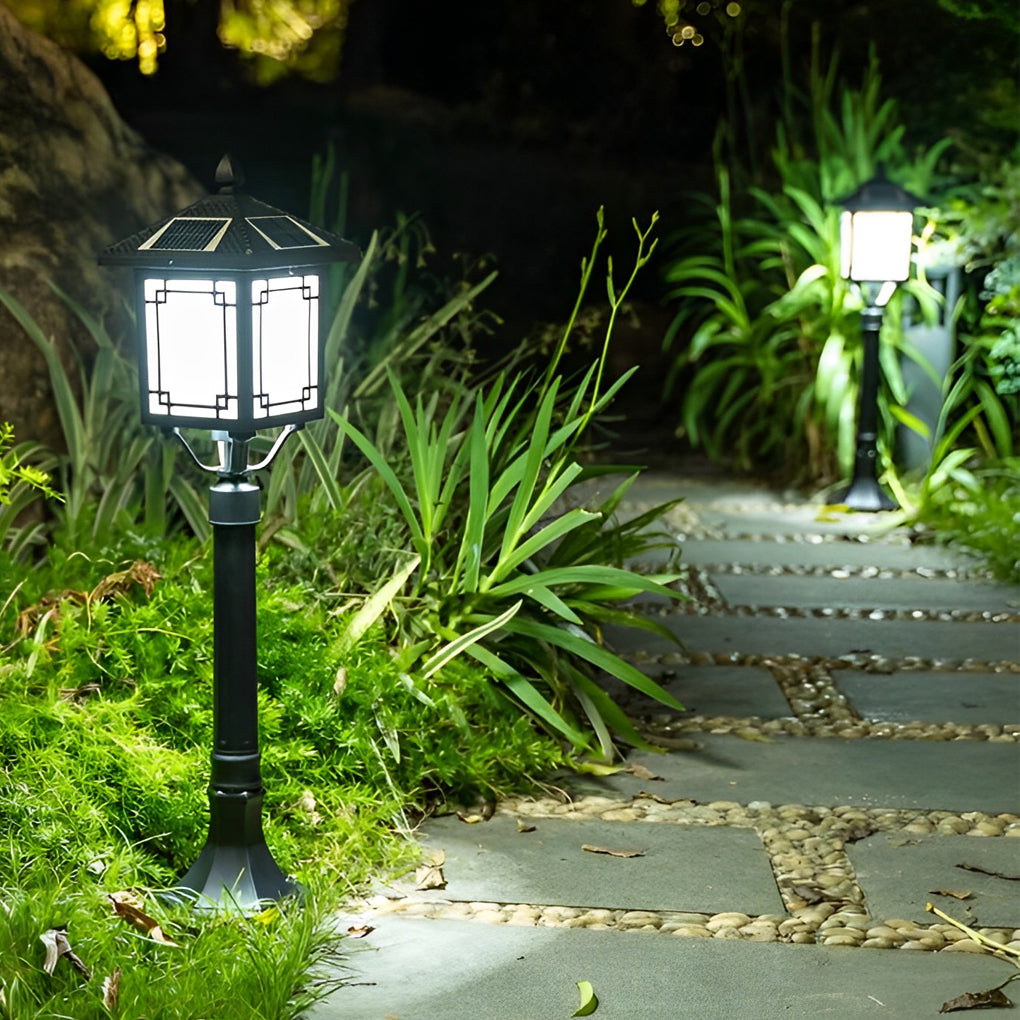 Ancient House-Style Solar LED Post Light — Aluminum and Glass, 7W, IP54, 3-Step Dimming, Remote Control