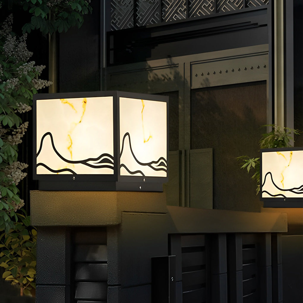 Mountain Scenery Solar Post Cap Light — Stainless Steel and Imitation Marble, LED, IP65, Warm White 3000K, Remote Control