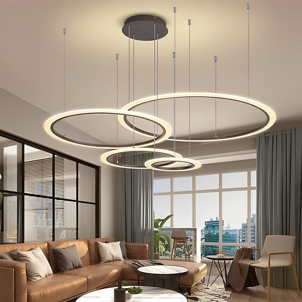 Four-Ring Geometric LED Chandelier — Metal and Acrylic, Dimmable, 11.8"–35.4" Rings, Black / White / Gold