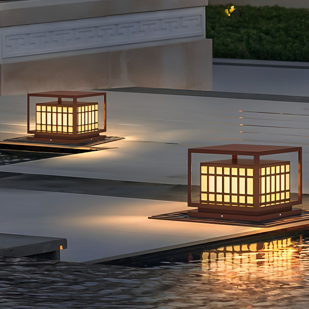 Modern Square Outdoor Pillar Light — Stainless Steel, Brown, LED, IP65 Weatherproof, 3000K Warm White