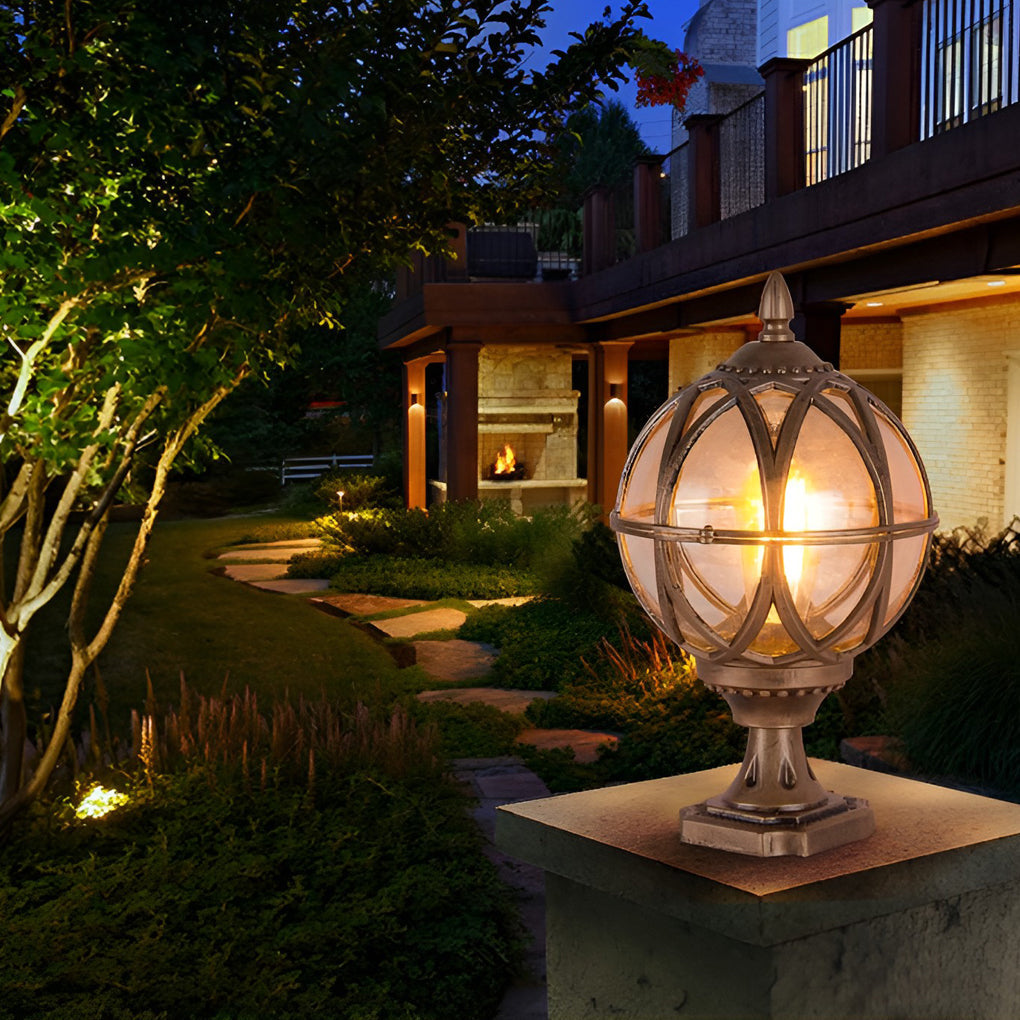 Round Glass Outdoor Post Cap Light — Aluminum, E27, Waterproof, Black or Bronze