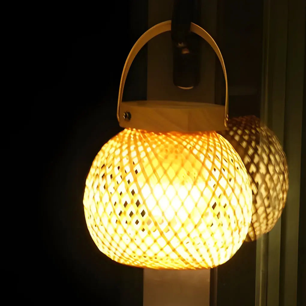 Portable Rustic Bamboo Lantern Table Lamp with Handle - Woven Design Luxe
