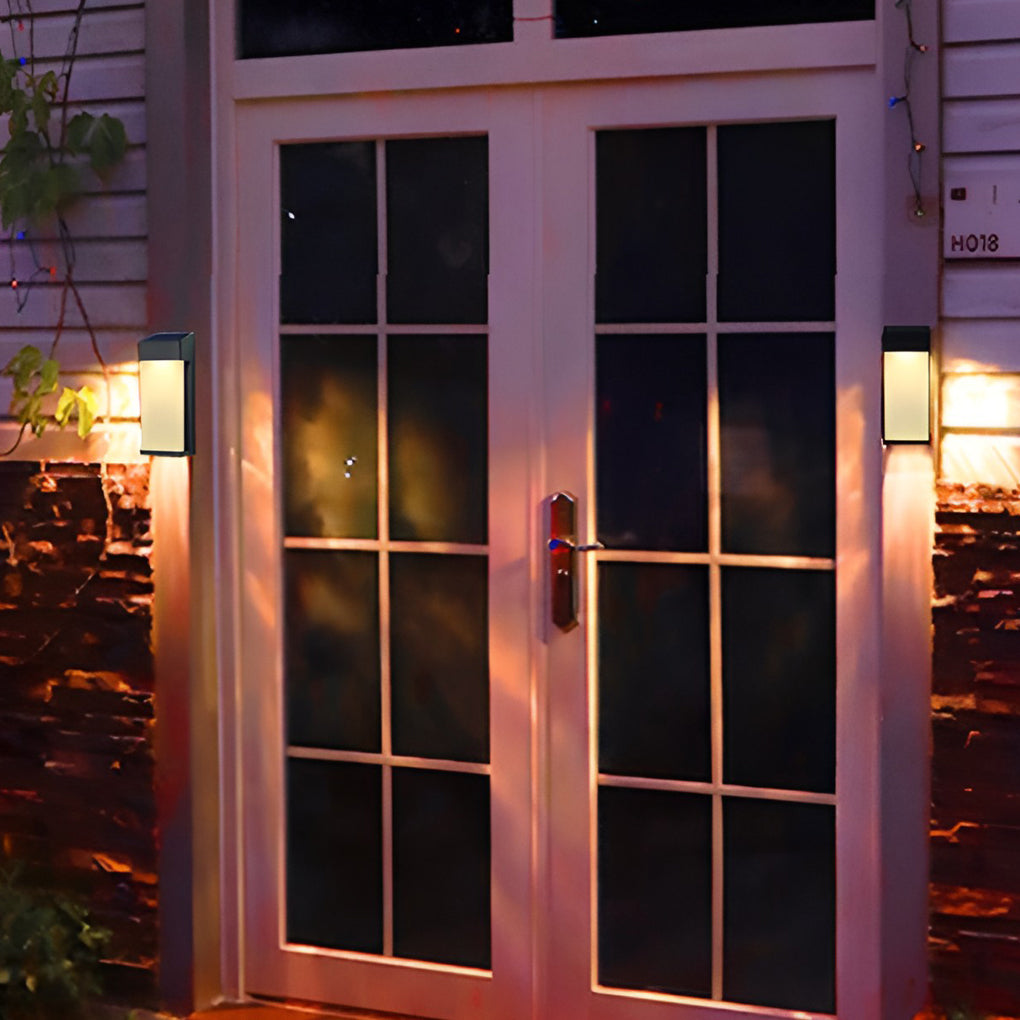 Rectangular Solar Outdoor Wall Sconce, Set of 2 — Die-Cast Aluminum, Frosted Glass, LED, IP44, 3000K Warm White