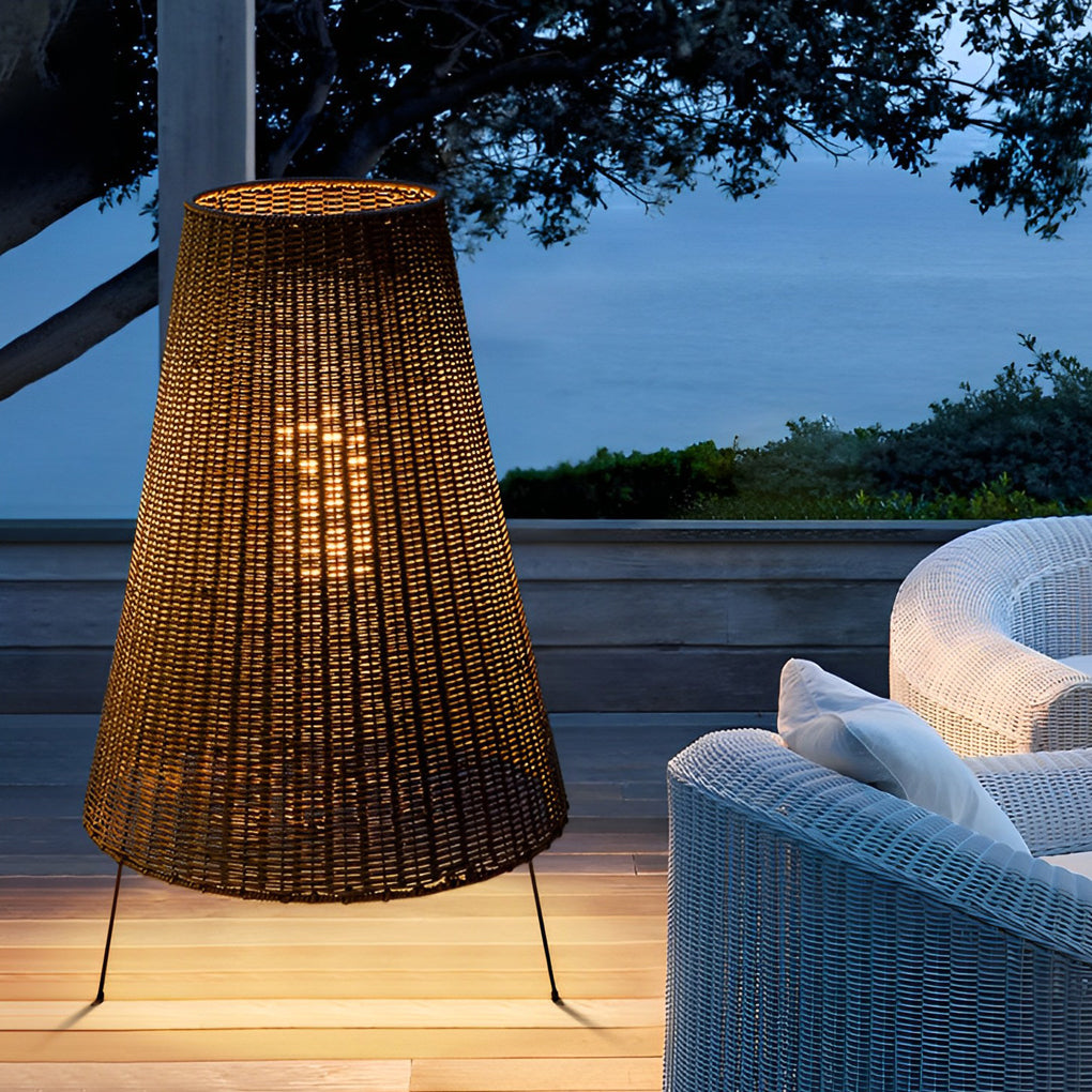 Rustic Modern Outdoor Floor Lamp — Woven Rattan Shade, Iron Tripod Base, 1-Light, IP65, 25" × 37"