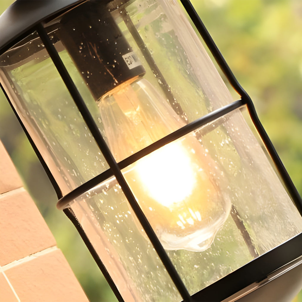 Industrial Outdoor Wall Sconce — Black Iron and Glass, Plug-in, E27, LED, 7" × 16"