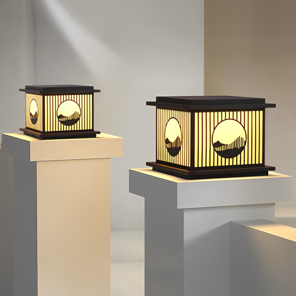 Modern Black Solar Pillar Lamp with Retro Mountain Scenery - Waterproof LED Design