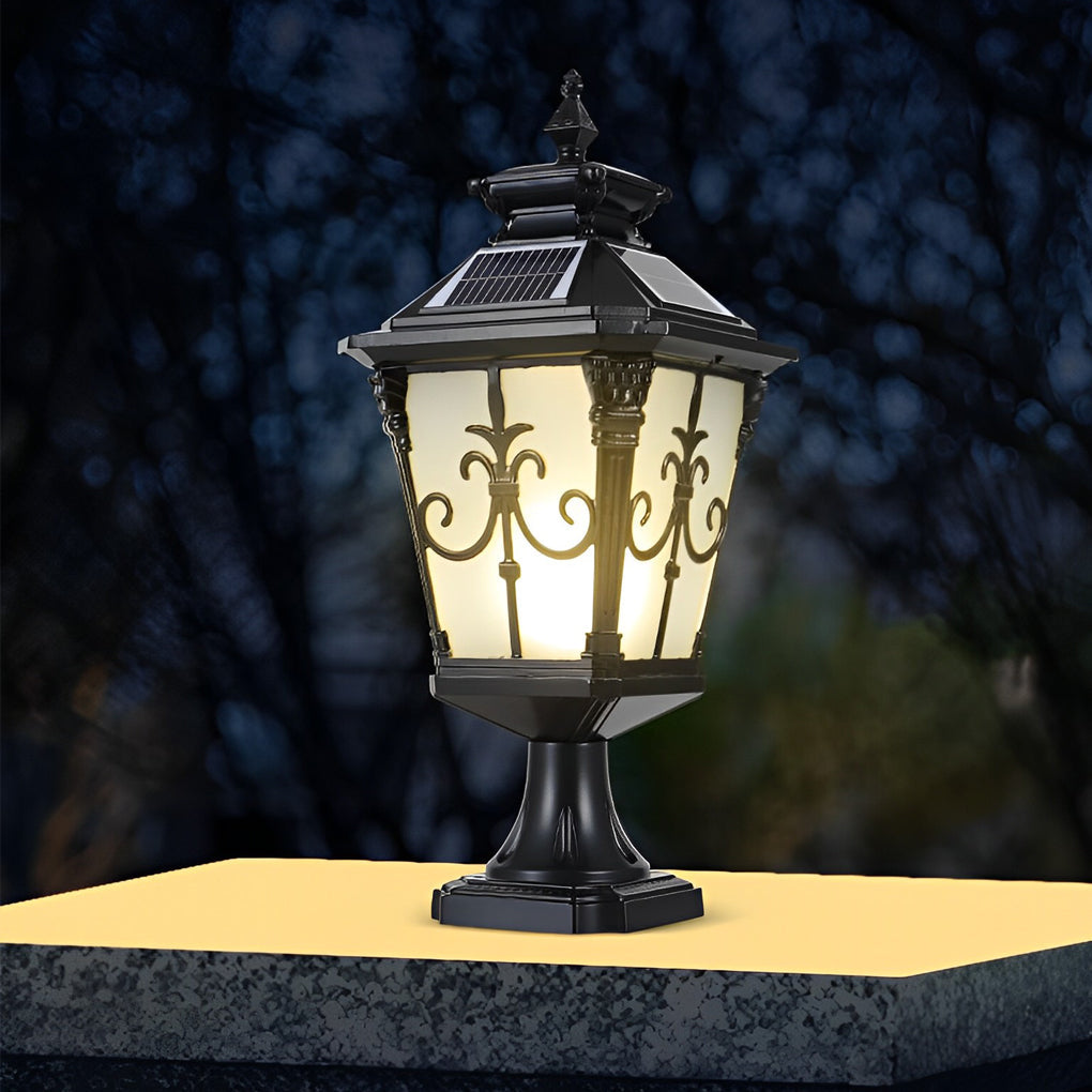 Retro Solar Fence Post Light — Die-Cast Aluminum & Glass, LED, IP55, Remote Control, Black / Bronze