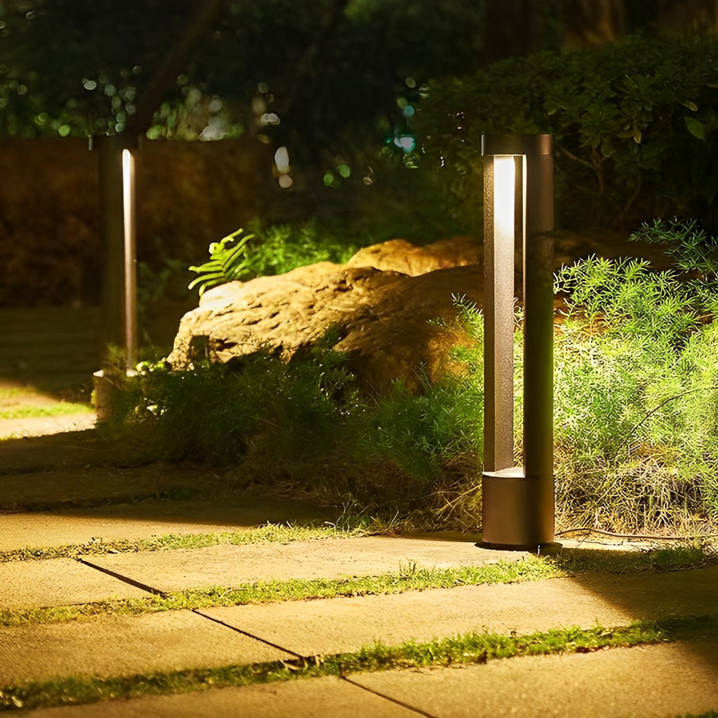 Contemporary Cylinder LED Bollard Path Light — Die-Cast Aluminum, Black, 7W 3000K, IP65 Weatherproof