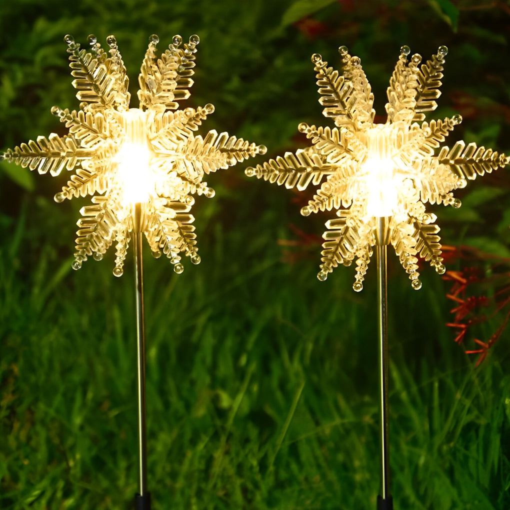 Snowflake Solar Lawn Lights, 2-Pack — Acrylic & Stainless Steel, LED Warm White, IP65, 8" Diameter