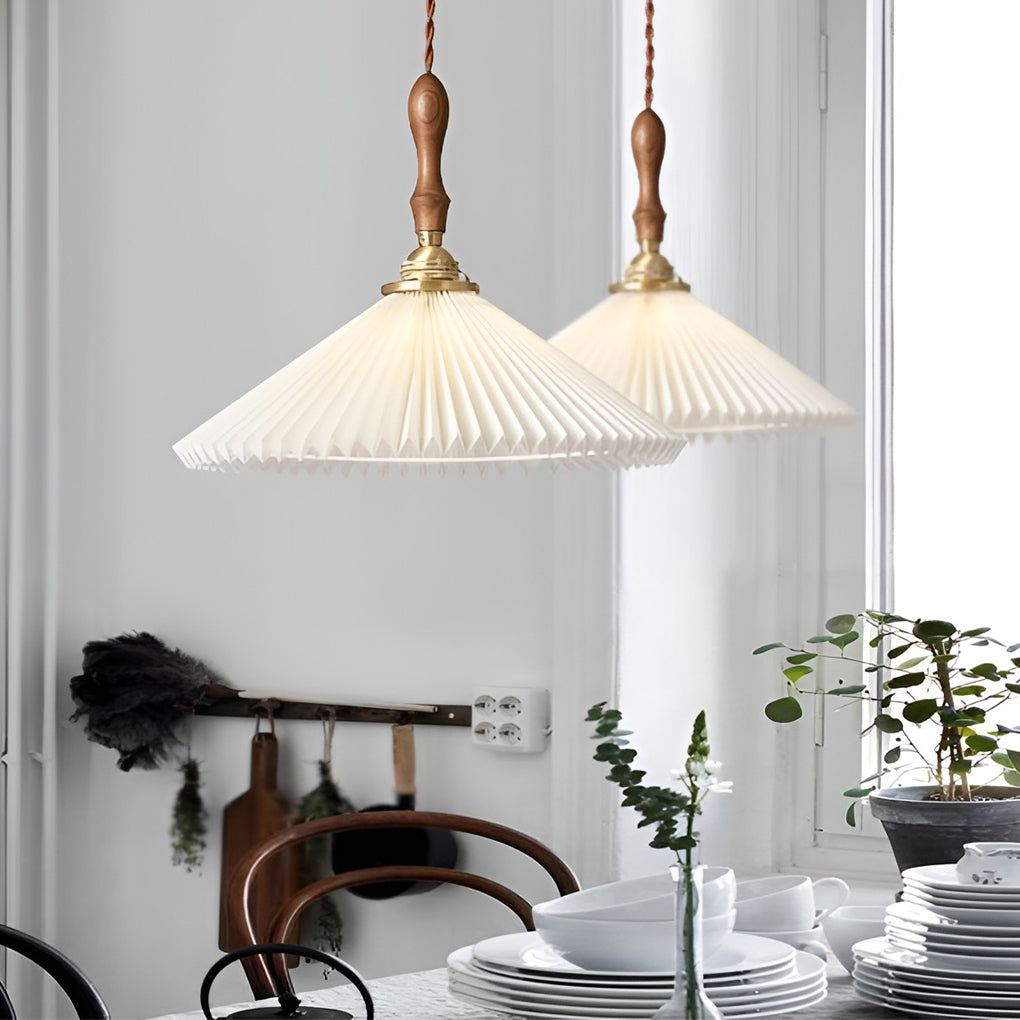 Pleated Mini Pendant or Wall Sconce — Walnut Wood and Copper, LED, 9" or 12" Diameter