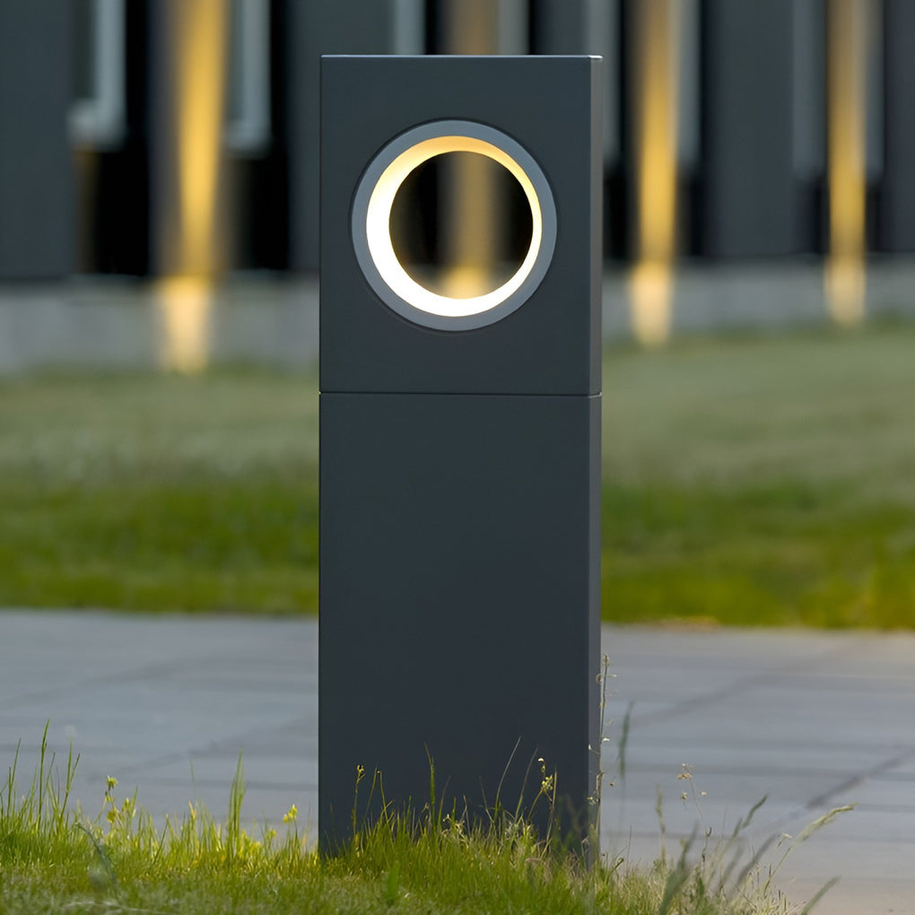 Modern Round-Hole Outdoor Bollard Light — Aluminum & Tempered Glass, 7W LED, IP54, Hardwired