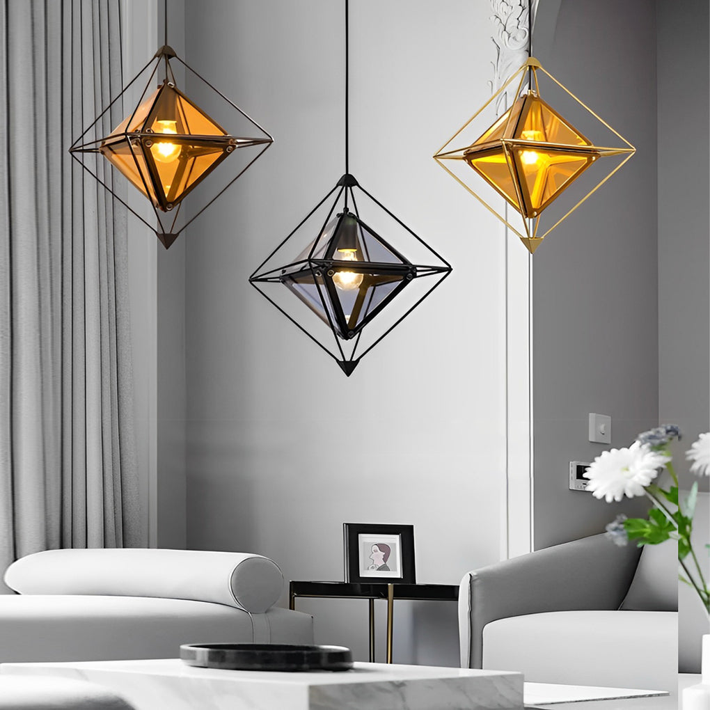Modern Geometric Glass Pendant Light — E27, 16" Diameter, Amber or Smoke Gray, Gold or Black Finish
