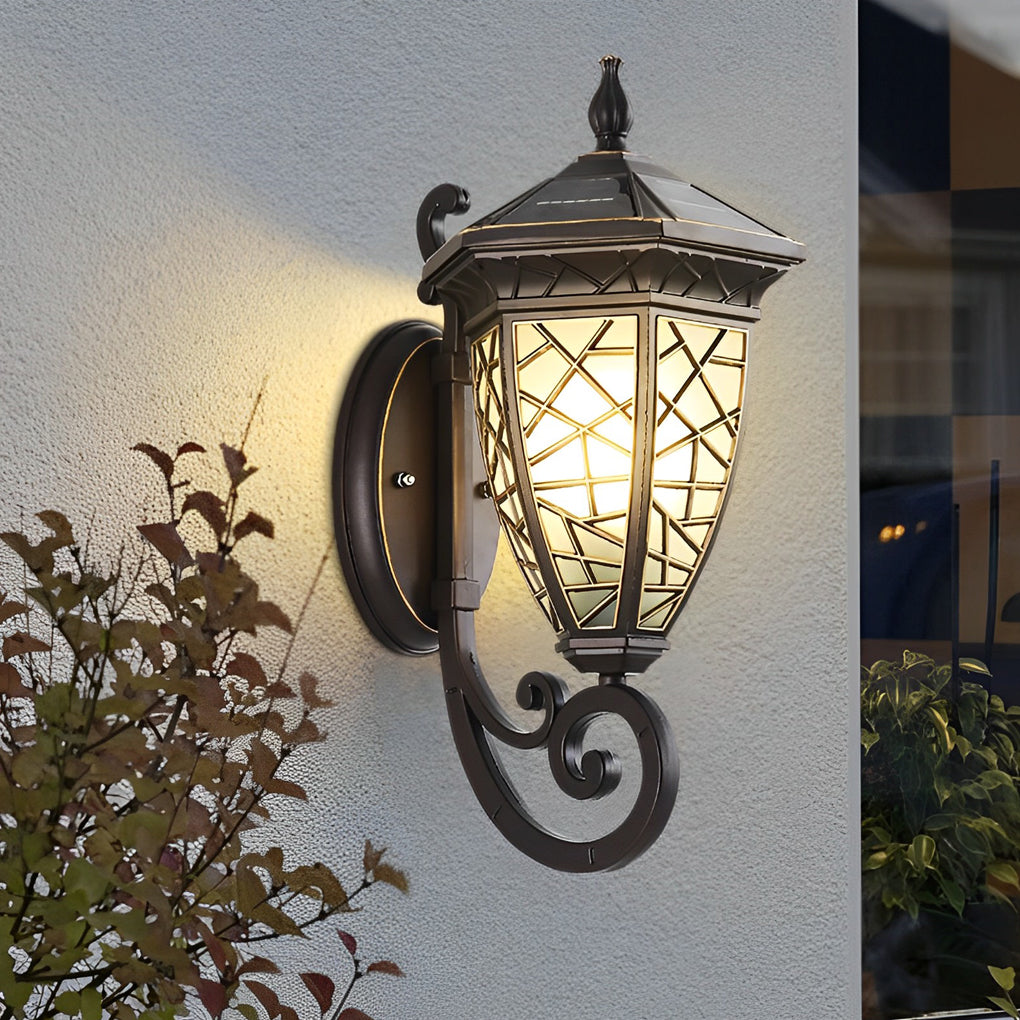 Retro-Pattern Solar Outdoor Wall Sconce — Die-Cast Aluminum, Black, IP55 Weatherproof