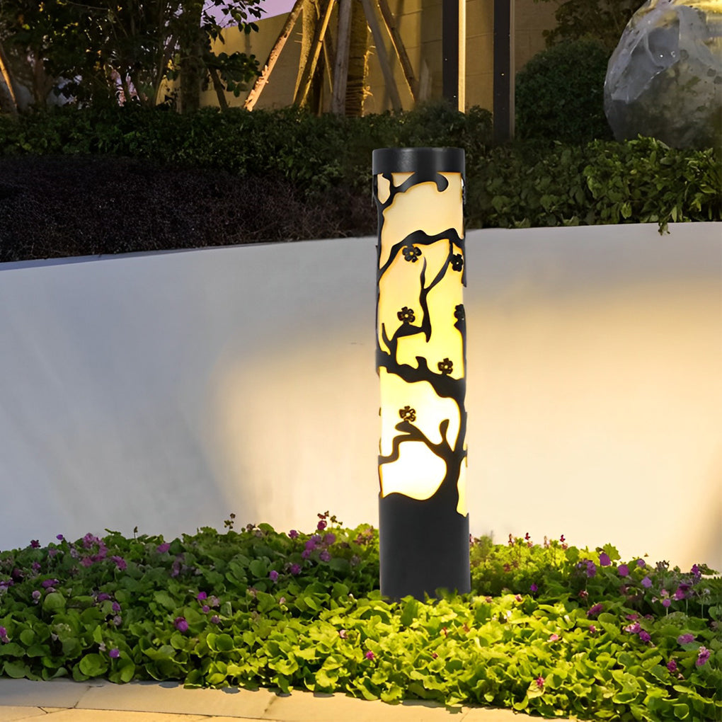 Wintersweet Plum Blossom Pathway Bollard Light — Black Galvanized Steel, LED, IP65, 24" Height