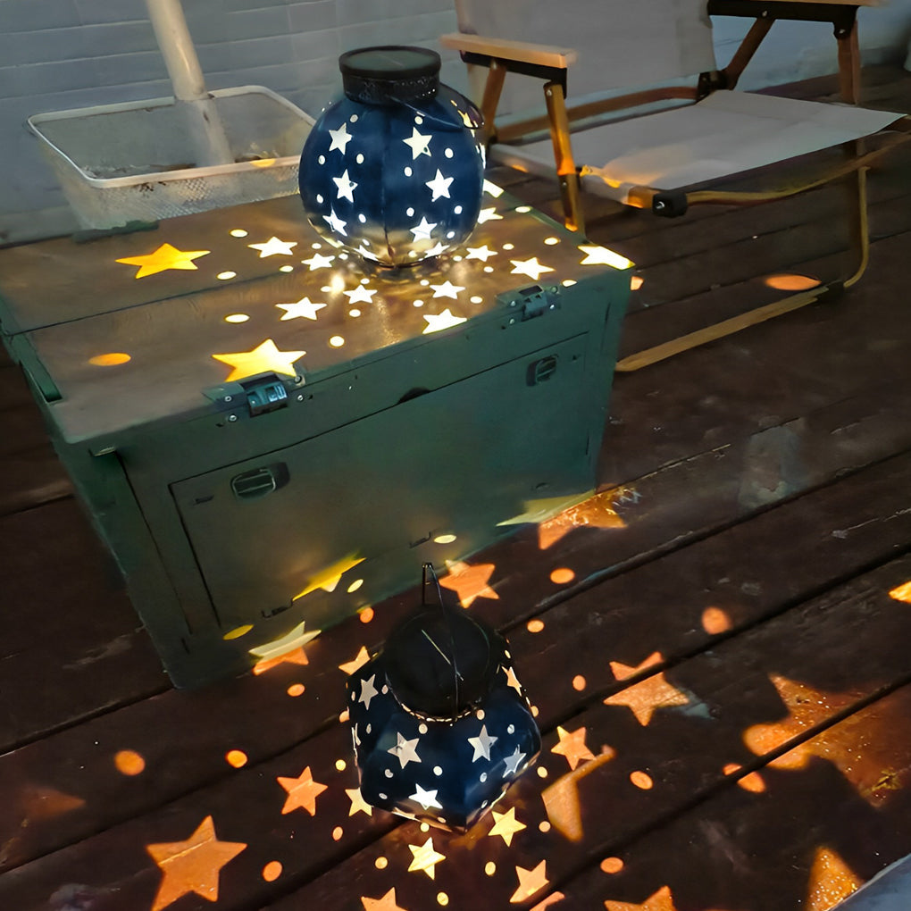 Star Projection Solar Outdoor Lantern — Iron, LED, Waterproof, 7.48" × 11"