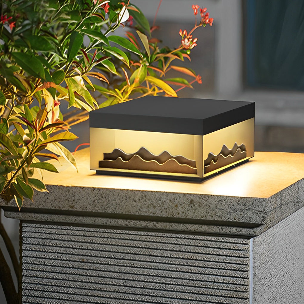 Mountain Scenery Solar Fence Post Light — Black Steel, LED, Waterproof