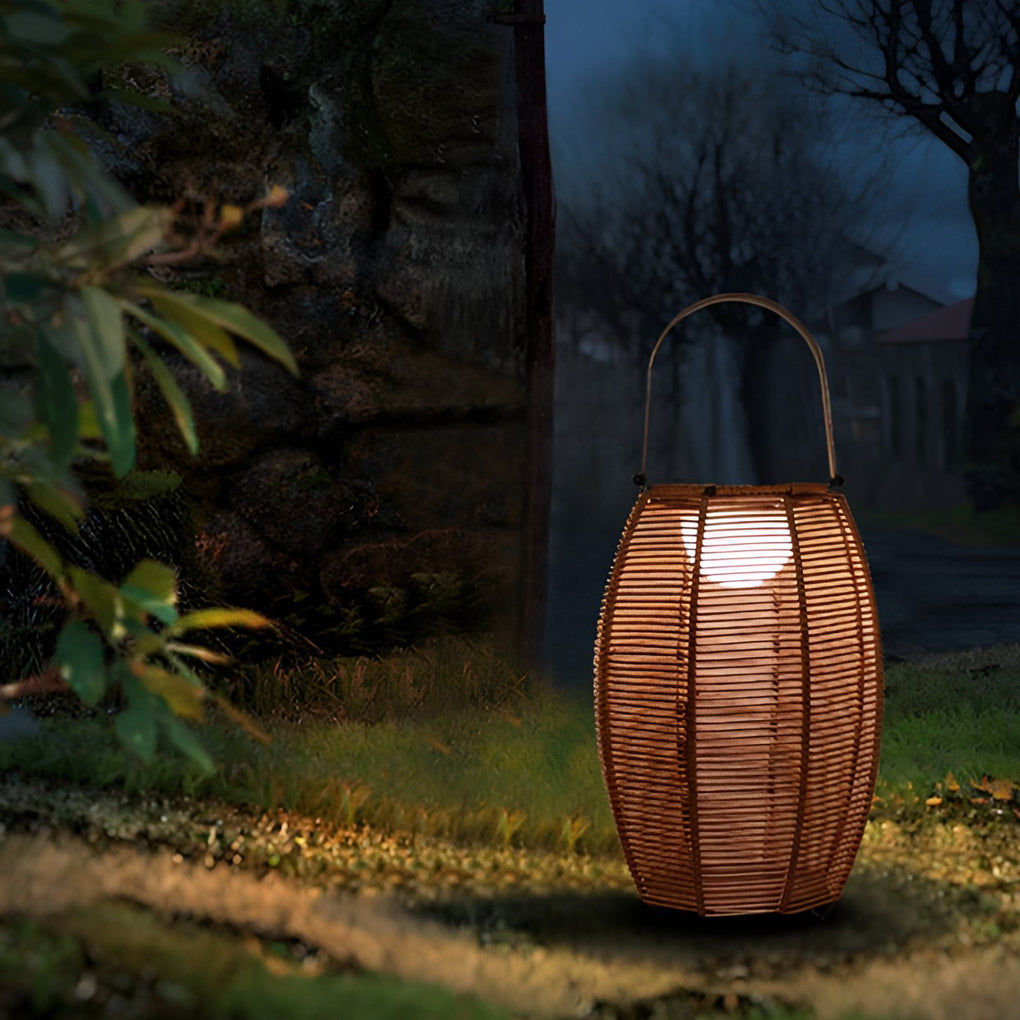 Rattan Lantern Portable Outdoor Floor Lamp — Solar LED, IP65 Weatherproof, 11" × 16", Motion Sensor