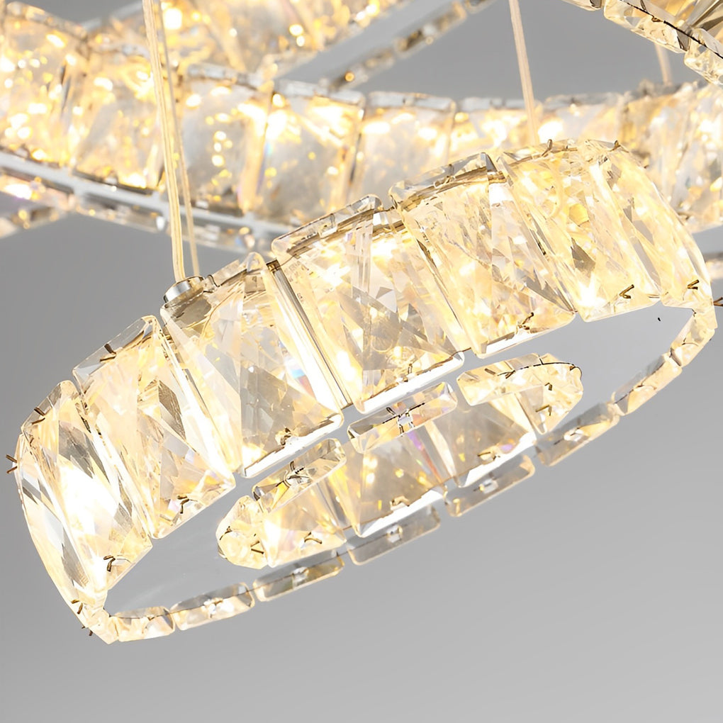 3-Tier Geometric Ring Crystal Chandelier — Chrome, LED, Dimmable, Remote Control, 11.8"+19.7"+27.6" Stacked Tiers