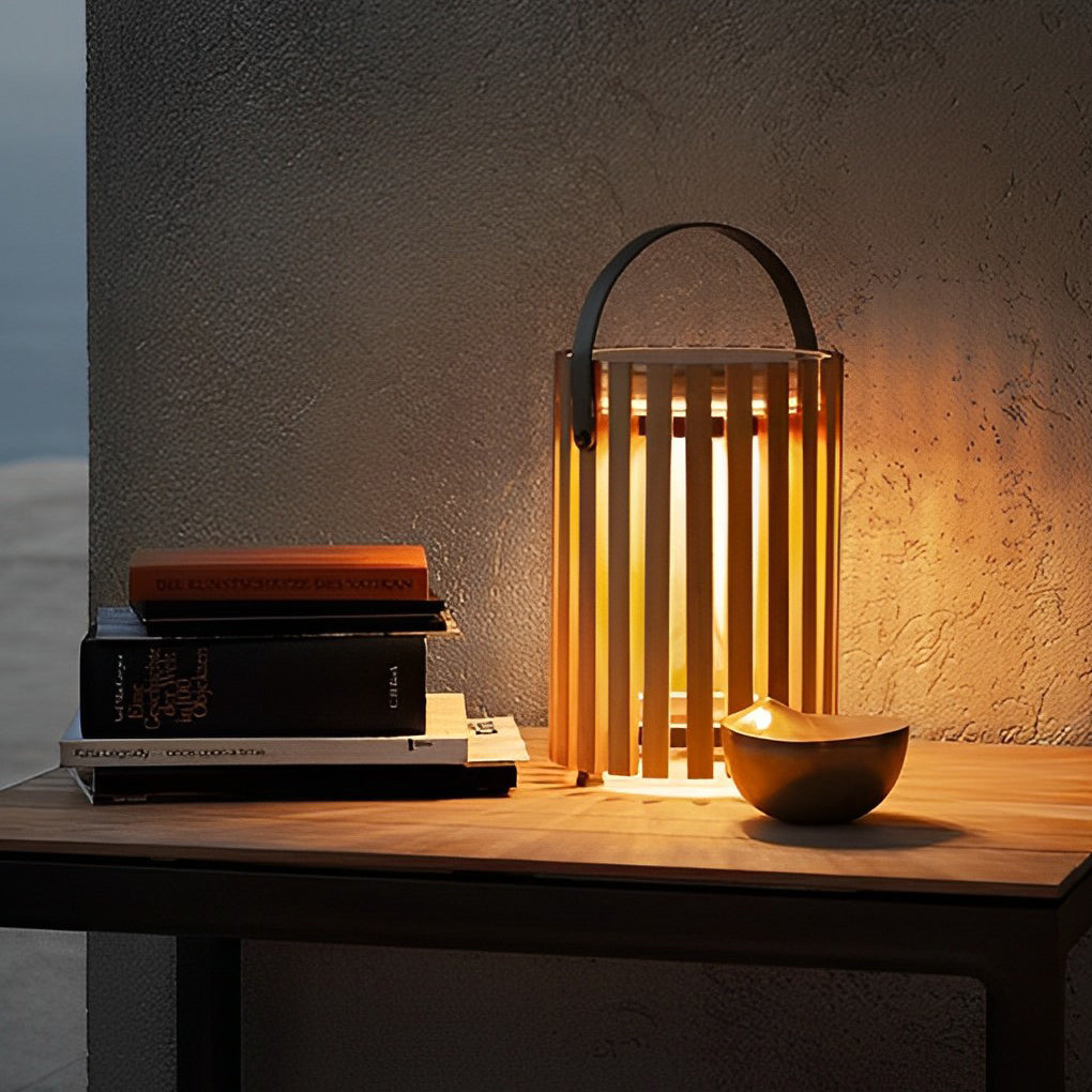 Rustic Modern Solar Portable Lantern — Wood and Aluminum, LED Warm White (3000K), Waterproof, 8" × 12"