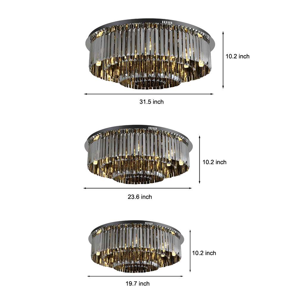 Multilayer Smoky Gray Crystal Flush Mount — Stainless Steel, Three-Step Dimming, 3000K/4500K/6000K, 19.7"/23.6"/31.5"