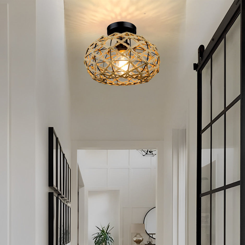 Beige Retro Minimalist Round Hand-Woven Cage Rope Ceiling Light Chandelier