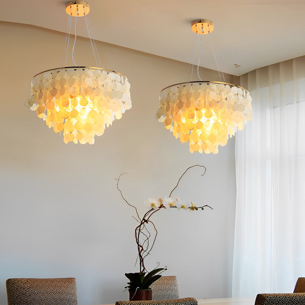 Modern Chandelier with Round Shell Pieces — Electroplated Iron, Gold, E27, 24" or 31" Diameter