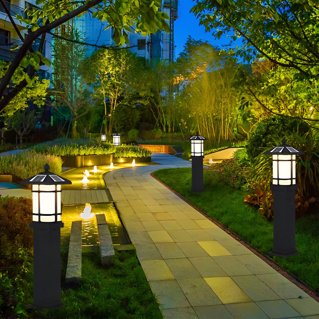 Solar LED Bollard Light — Die-Cast Aluminum, Black, 3000K Warm White, 8–10H Runtime, 24" or 29"