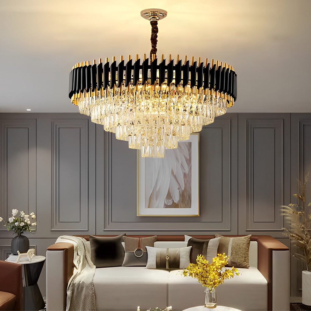 Postmodern Round Oval Crystal Chandelier — Black and Gold Iron, E14, Three-Step Dimming (3000K/4500K/6000K)